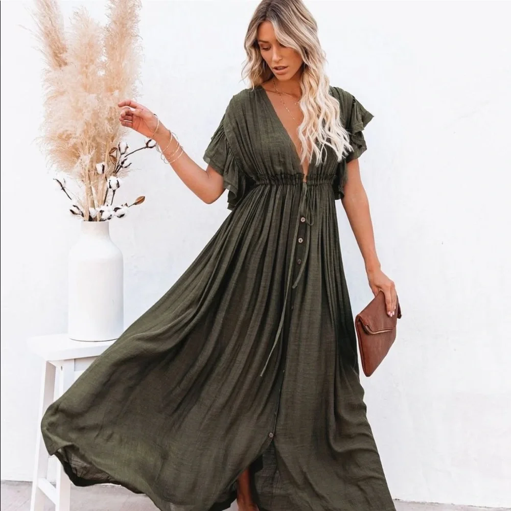 New Bohemian Long Olive Maxi Summer Dress Ruffled Sleeves - Picture 1 of 5